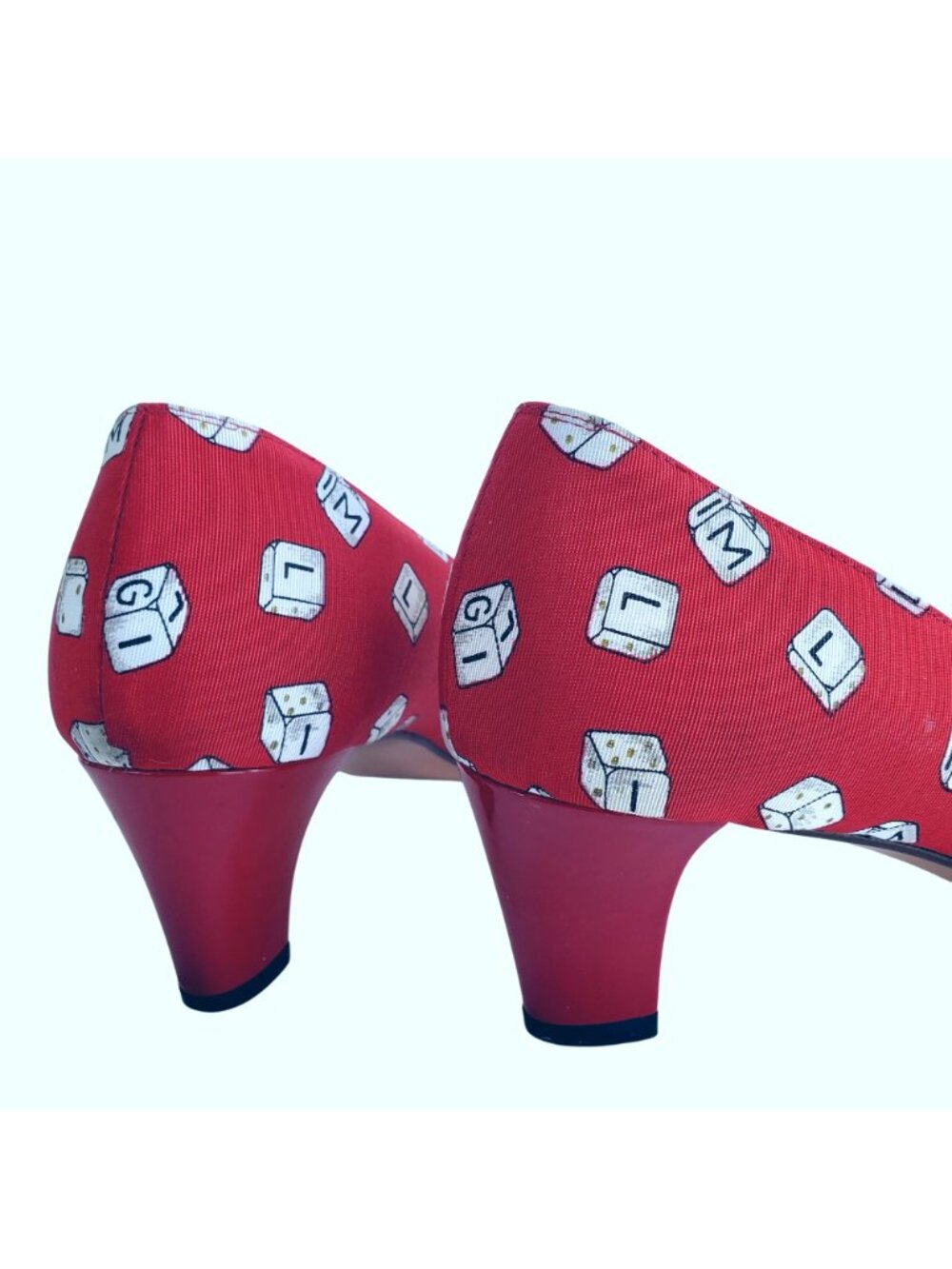 Vintage 1980s Bruno Magli Red Novelty Print Pumps Italy Sz 7.5 Dice - Picture 6 of 14
